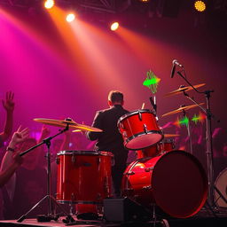 A dynamic and vibrant image of a red drum set being played energetically on stage, with bright stage lights illuminating the scene
