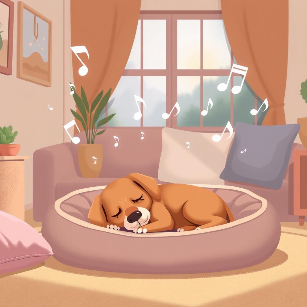 An illustration showcasing a serene environment where soft music is playing to soothe a dog in pain