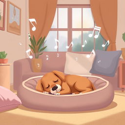 An illustration showcasing a serene environment where soft music is playing to soothe a dog in pain