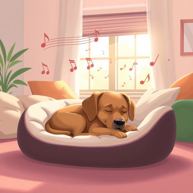 An illustration showcasing a serene environment where soft music is playing to soothe a dog in pain