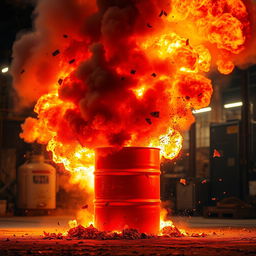 A dramatic scene depicting a red oil drum in the process of explosion