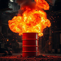 A dramatic scene depicting a red oil drum in the process of explosion