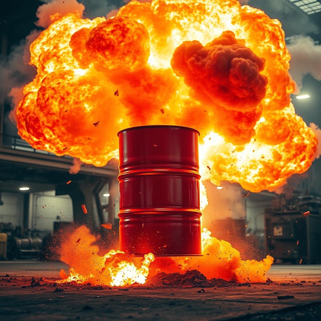 A dramatic scene depicting a red oil drum in the process of explosion