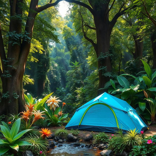 A picturesque camping scene featuring a blue-green tent set amidst a lush jungle environment