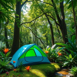 A picturesque camping scene featuring a blue-green tent set amidst a lush jungle environment