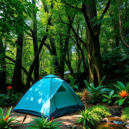 A picturesque camping scene featuring a blue-green tent set amidst a lush jungle environment