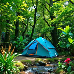 A picturesque camping scene featuring a blue-green tent set amidst a lush jungle environment