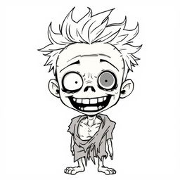 A line art illustration of a sickly-looking zombie boy with pale skin, characterized by an exaggerated grin