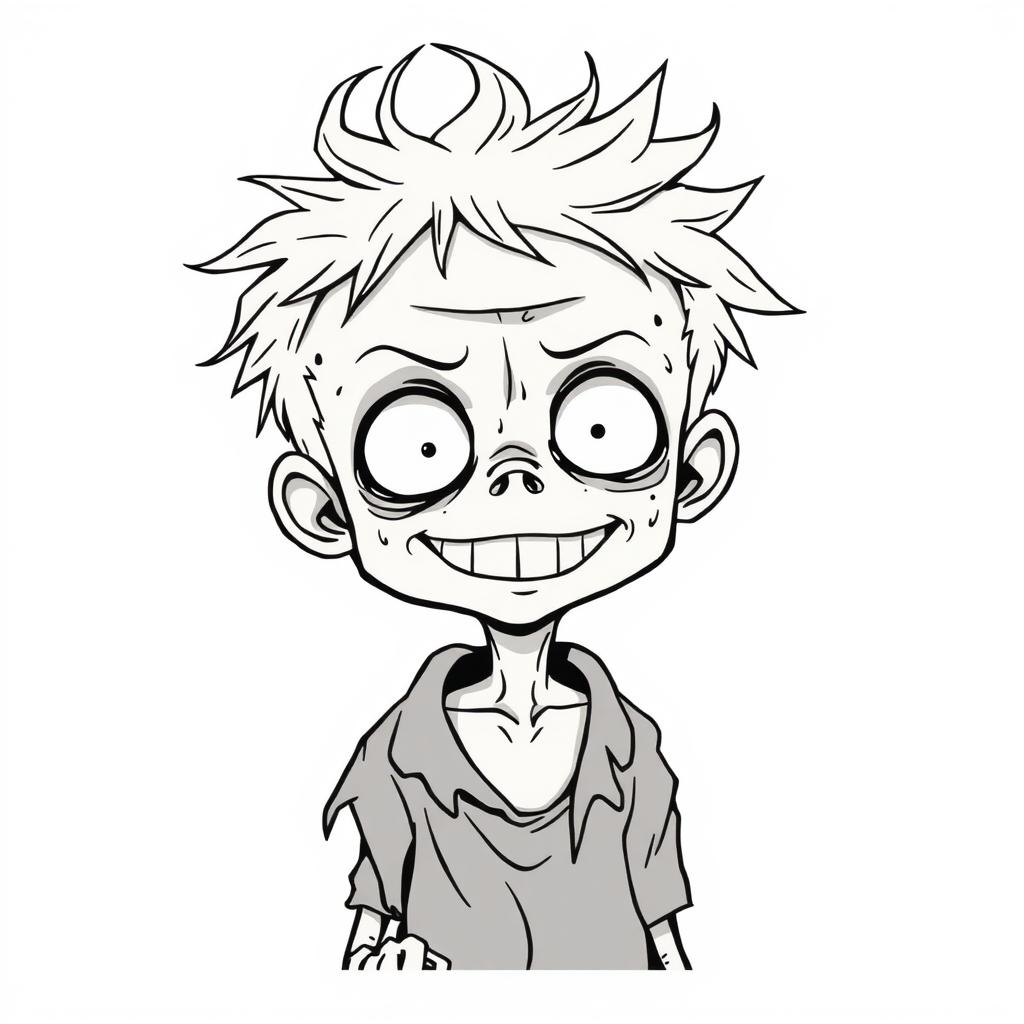 A line art illustration of a sickly-looking zombie boy with pale skin, characterized by an exaggerated grin