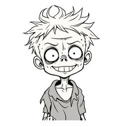 A line art illustration of a sickly-looking zombie boy with pale skin, characterized by an exaggerated grin