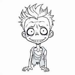 A line art illustration of a sickly-looking zombie boy with pale skin, characterized by an exaggerated grin