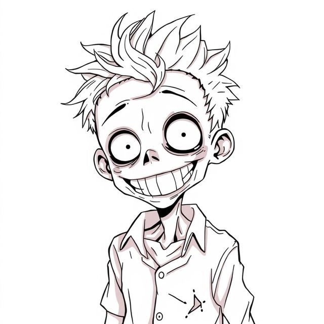 A line art illustration of a sickly-looking zombie boy with pale skin, characterized by an exaggerated grin