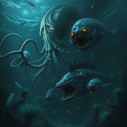 A terrifying underwater scene featuring a variety of monstrous sea creatures, including a giant squid with long tentacles, a menacing anglerfish with glowing bait, and an enormous predatory fish lurking in the shadows