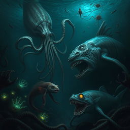 A terrifying underwater scene featuring a variety of monstrous sea creatures, including a giant squid with long tentacles, a menacing anglerfish with glowing bait, and an enormous predatory fish lurking in the shadows