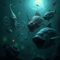 A terrifying underwater scene featuring a variety of monstrous sea creatures, including a giant squid with long tentacles, a menacing anglerfish with glowing bait, and an enormous predatory fish lurking in the shadows