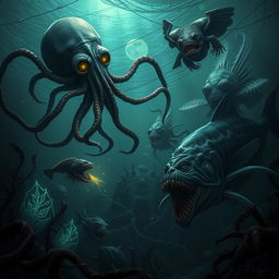 A terrifying underwater scene featuring a variety of monstrous sea creatures, including a giant squid with long tentacles, a menacing anglerfish with glowing bait, and an enormous predatory fish lurking in the shadows
