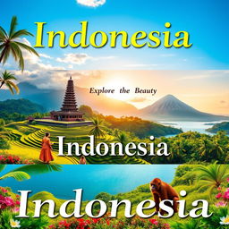 A beautiful banner showcasing the stunning landscapes of Indonesia, featuring iconic locations such as Bali's lush rice terraces, the majestic Borobudur temple at sunrise, vibrant beaches of Komodo Island, and the serene waters of Lake Toba