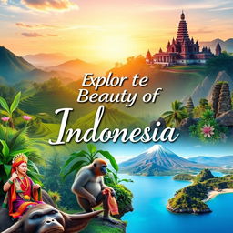 A beautiful banner showcasing the stunning landscapes of Indonesia, featuring iconic locations such as Bali's lush rice terraces, the majestic Borobudur temple at sunrise, vibrant beaches of Komodo Island, and the serene waters of Lake Toba