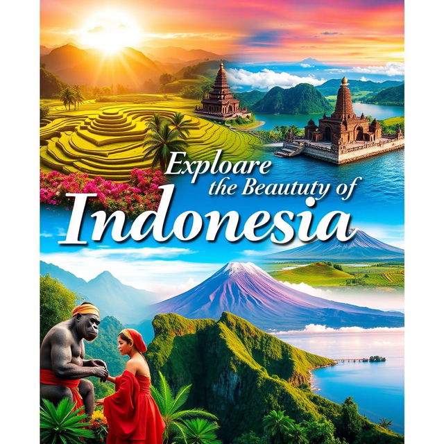 A beautiful banner showcasing the stunning landscapes of Indonesia, featuring iconic locations such as Bali's lush rice terraces, the majestic Borobudur temple at sunrise, vibrant beaches of Komodo Island, and the serene waters of Lake Toba