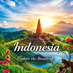 A beautiful banner showcasing the stunning landscapes of Indonesia, featuring iconic locations such as Bali's lush rice terraces, the majestic Borobudur temple at sunrise, vibrant beaches of Komodo Island, and the serene waters of Lake Toba