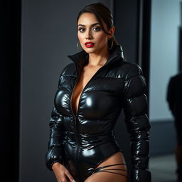 A captivating slim woman with large breasts, confidently showcasing her figure in a tight, shiny black and silver puffer suit that clings beautifully to her curves