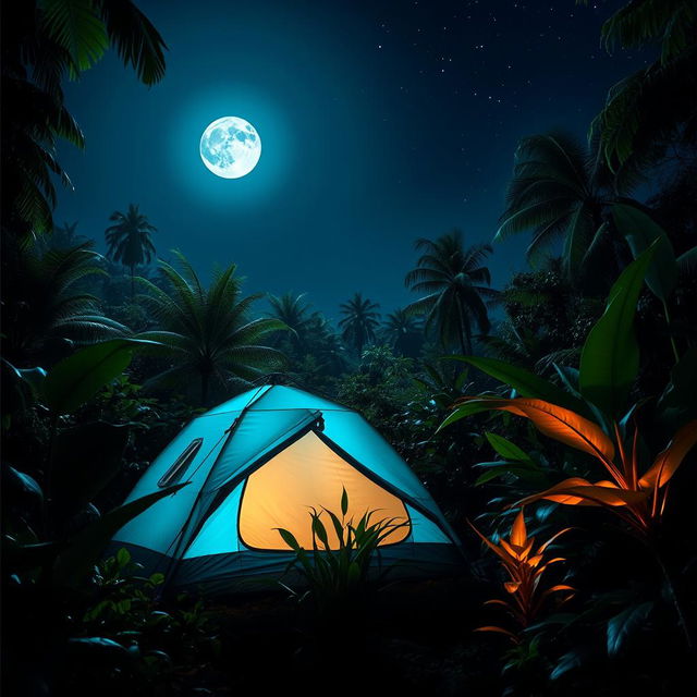 A serene night scene featuring a blue-green camping tent nestled in a lush jungle