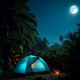 A serene night scene featuring a blue-green camping tent nestled in a lush jungle