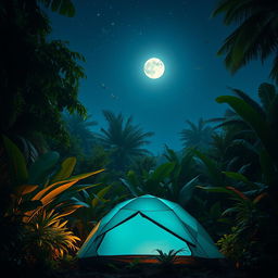 A serene night scene featuring a blue-green camping tent nestled in a lush jungle