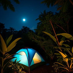 A serene night scene featuring a blue-green camping tent nestled in a lush jungle