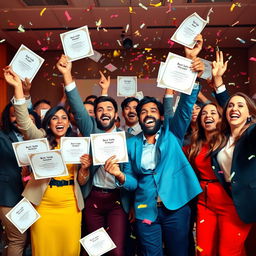 A vibrant scene depicting a group of cheerful managers joyfully celebrating at a Best Sales Manager competition
