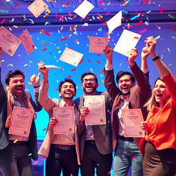 A vibrant scene depicting a group of cheerful managers joyfully celebrating at a Best Sales Manager competition