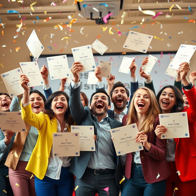 A vibrant scene depicting a group of cheerful managers joyfully celebrating at a Best Sales Manager competition