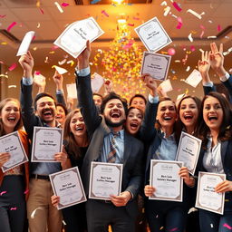 A vibrant scene depicting a group of cheerful managers joyfully celebrating at a Best Sales Manager competition