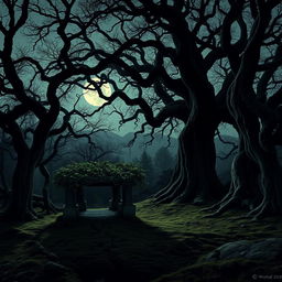 A hauntingly beautiful landscape depicting an ancient, overgrown forest at dusk, with twisted trees casting intricate shadows on the soft, moss-covered ground