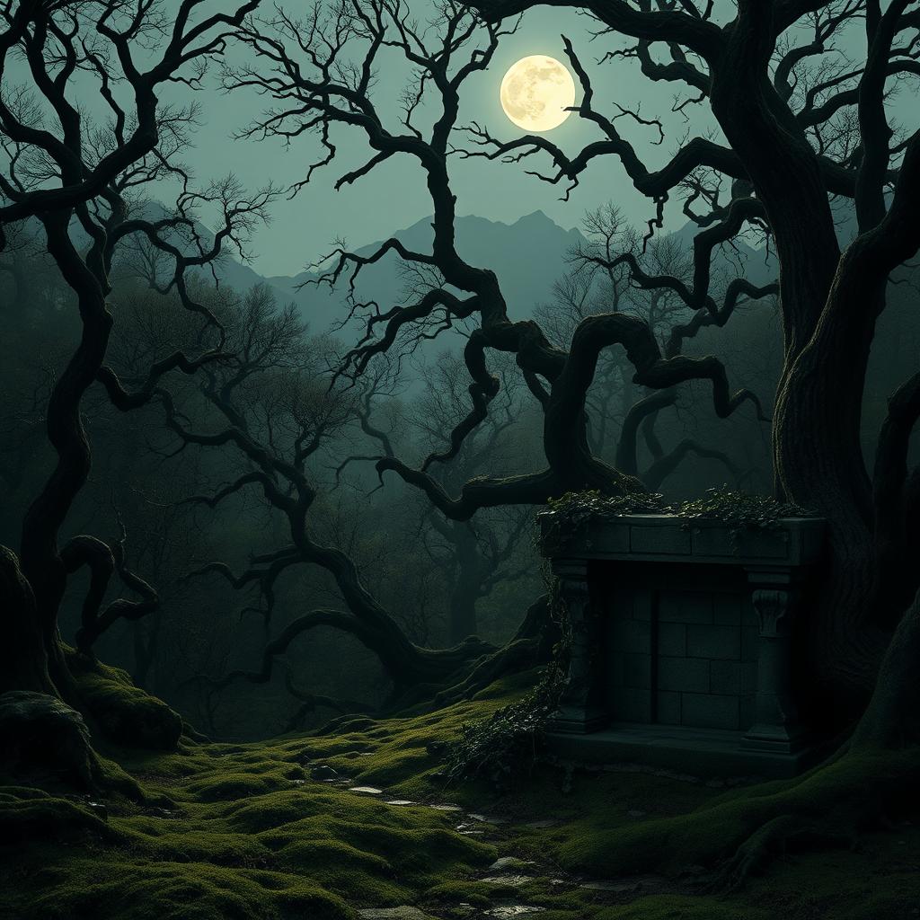 A hauntingly beautiful landscape depicting an ancient, overgrown forest at dusk, with twisted trees casting intricate shadows on the soft, moss-covered ground