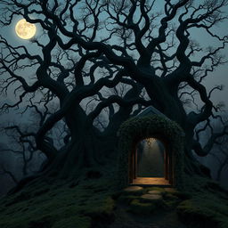 A hauntingly beautiful landscape depicting an ancient, overgrown forest at dusk, with twisted trees casting intricate shadows on the soft, moss-covered ground
