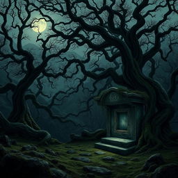 A hauntingly beautiful landscape depicting an ancient, overgrown forest at dusk, with twisted trees casting intricate shadows on the soft, moss-covered ground