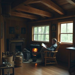 A cozy interior of a simple wooden cabin, featuring rustic furniture and warm wooden beams