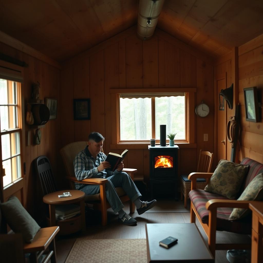 A cozy interior of a simple wooden cabin, featuring rustic furniture and warm wooden beams