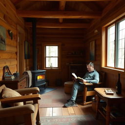 A cozy interior of a simple wooden cabin, featuring rustic furniture and warm wooden beams