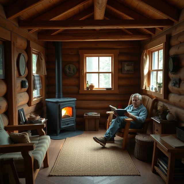A cozy interior of a simple wooden cabin, featuring rustic furniture and warm wooden beams