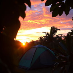 A beautiful sunset scene featuring a blue-green camping tent set in a vibrant jungle