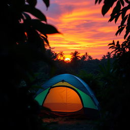 A beautiful sunset scene featuring a blue-green camping tent set in a vibrant jungle