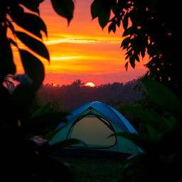 A beautiful sunset scene featuring a blue-green camping tent set in a vibrant jungle