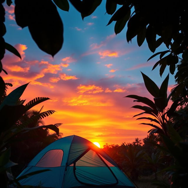 A beautiful sunset scene featuring a blue-green camping tent set in a vibrant jungle