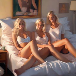 A lifelike, high-quality digital painting presents a blonde Instagram model lounging on a bed with her friends