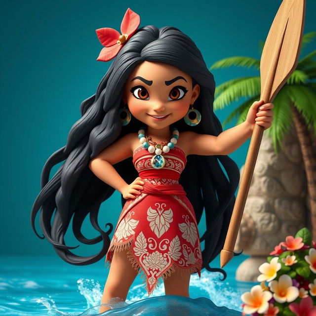 A dynamic 3D rendering of Moana in an inflated style, showcasing her as a bold and heroic Polynesian girl with long flowing black hair