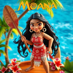 A dynamic 3D rendering of Moana in an inflated style, showcasing her as a bold and heroic Polynesian girl with long flowing black hair