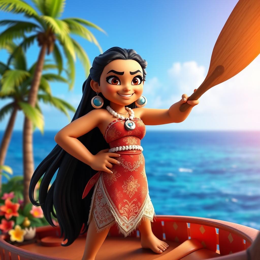 A dynamic 3D rendering of Moana in an inflated style, showcasing her as a bold and heroic Polynesian girl with long flowing black hair