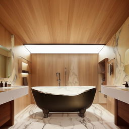 Modern bathroom interior showcasing a large freestanding bathtub, marble tiling, floating vanity with dual sinks, and warm dimmable lighting for a serene atmosphere.